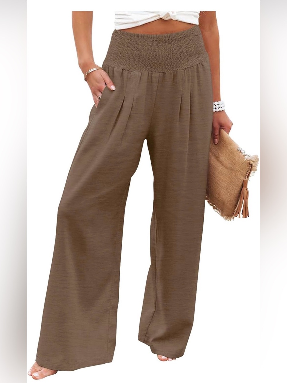 Wide Leg Smocked Waist Pants - Brown